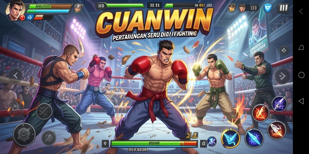 Tangkapan layar gameplay <strong>CUANWIN</strong> menunjukkan pertarungan seru antara karakter-karakter unik.