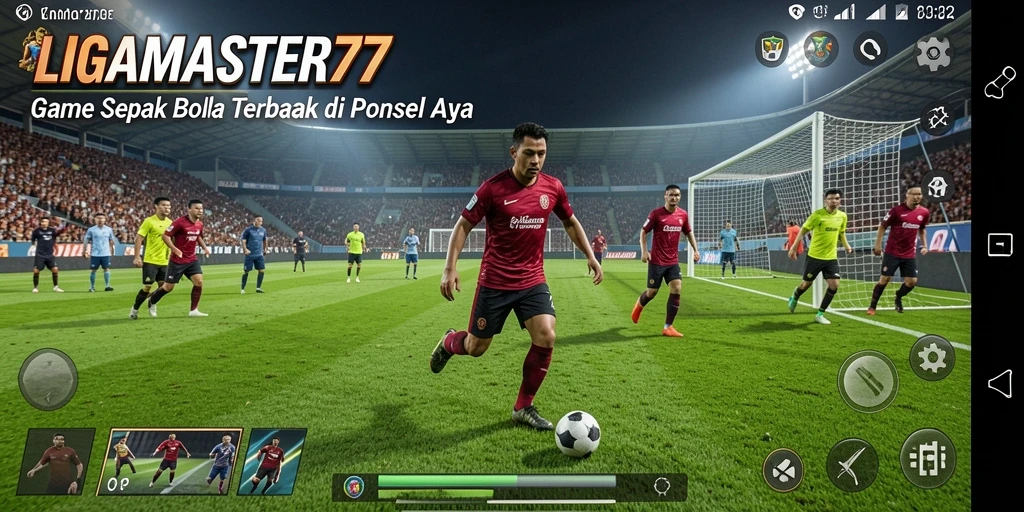 Tangkapan layar gameplay LIGAMASTER77 menampilkan aksi seru pertandingan sepak bola.