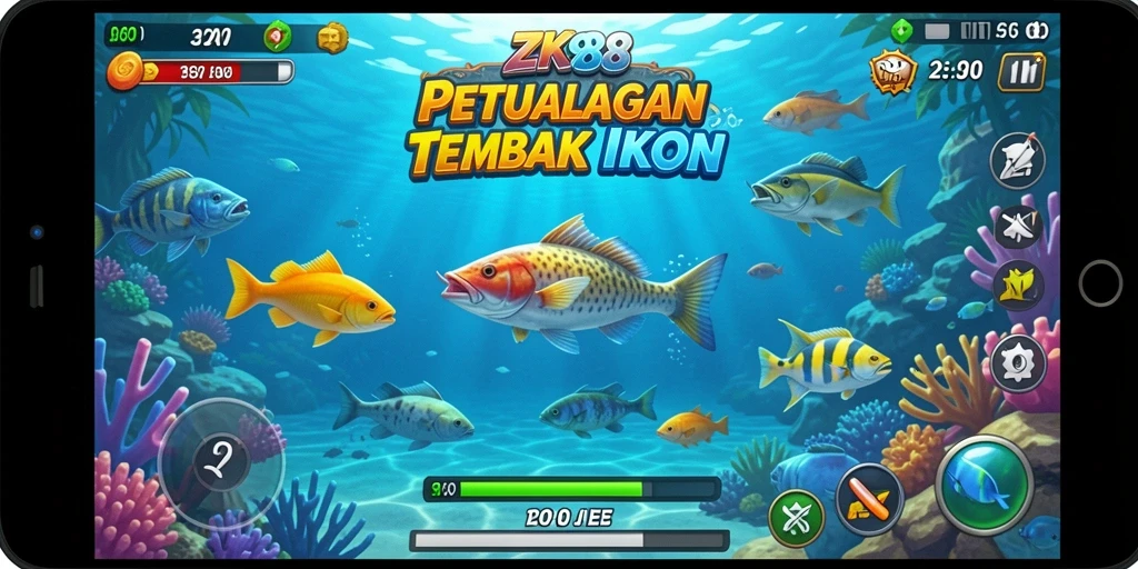 Screenshot gameplay ZK988 yang menampilkan aksi menangkap ikan.